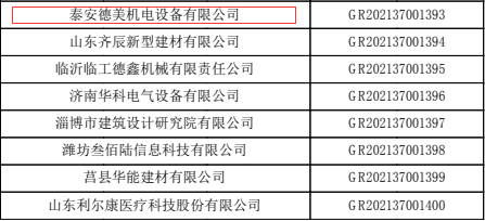 泰安德美顺利通过山东省2021年diyi批企业认定！